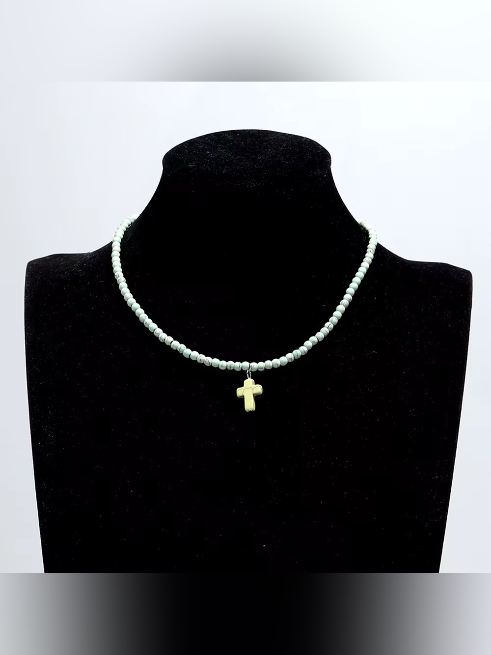 Gold Cross Pendant Mint Bead Necklace